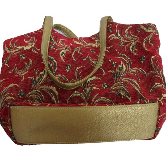 Womens Red Corduroy Tote Shoulder Bag Floral Gold Piping & Handles Flat Bottom - Picture 8 of 9